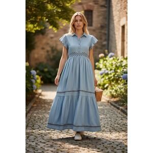 Indigo & Lace Chambray Dress Peasant  Western Embroidered Womens Petite Small